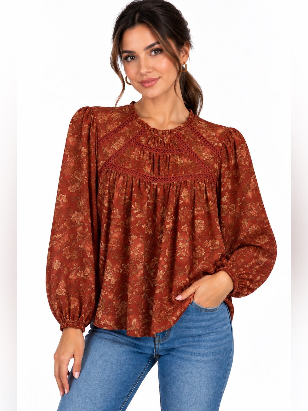 Women's Rust Floral Crochet-Yoke Peasant Blouse